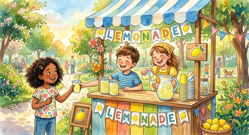 Watercolor illustration of happy kids running a lemonade stand